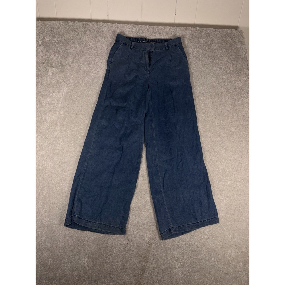 American Eagle Pants Womens 2 Blue Wide Leg Trouser Soft Denim Pleated Mid Rise